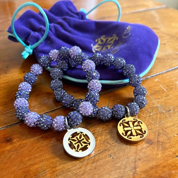 Gorgeous Set of Two Purple Rhinestone Stretch Logo Bracelets Rustic Cuff - Picture 2 of 3